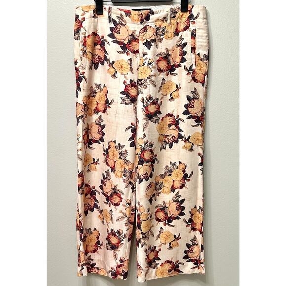 Peruvian Connection Pants Women 10 Cream Wide Leg Preppy Boho Cottagecore Floral - Picture 1 of 13